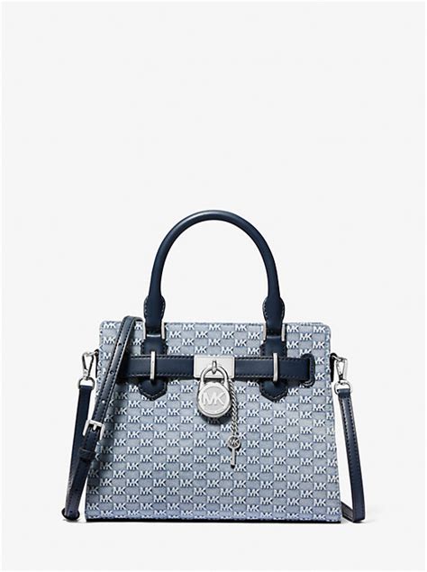 michael kors hamilton east west satchel denim|Hamilton Small Logo Embossed Washed Denim Satchel.